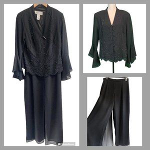 J.R. Nites by Caliendo Petites Evening 4P Black Beaded Blouse Wide Leg Pants Set
